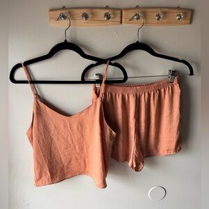 American Eagle AEO Silky Satin Camisole & Shorts Pajama Set - Peach